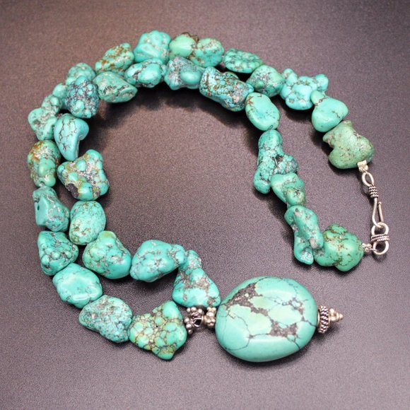 Turquoise Pendant Chunky Nugget Beaded Vintage Necklace Silver Clasp Findings - Picture 5 of 14